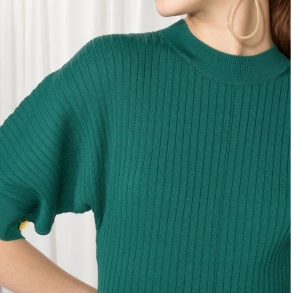 & Other Stories Green Fitted Rib Knit Midi Dress Puff Short Sleeve Medium - Picture 2 of 8